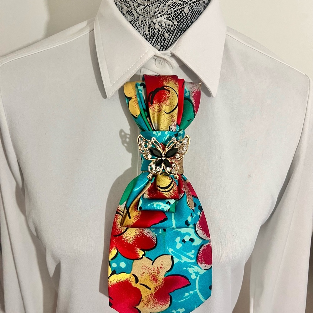 Floral Silk Tie Necklace with Butterfly Brooch